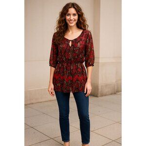 AGB XL Sheer Lace Tunic Red Black Snake Tie Neck Blouse Romantic Abstract Print